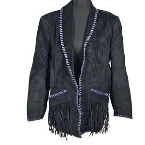 Vanna White Original Black Suede Leather Fringe Western Jacket Purple Whipstitch
